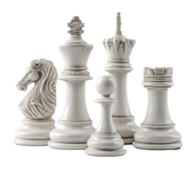 Strategic chess match with elegant white pieces still life focused view isolated on transparent background