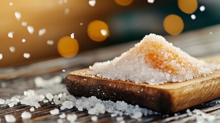 Salt Crystals and Wooden Spoon: A close-up image of coarse salt crystals spilling over a wooden spoon, bathed in warm, golden light, and conveying the essence of culinary delight.