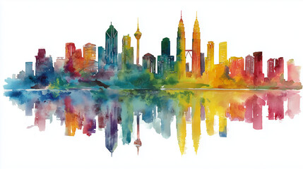 Obraz premium Colorful watercolor of Kuala Lumpur skyline with mirrored reflection.