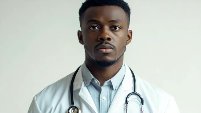 A young African American man wearing a white doctor's coat and stethoscope, looking forward with serious expression. Medical professional in clinic or hospital setting.