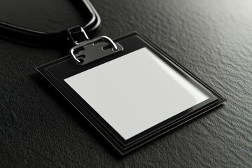 Black name badge mockup with lanyard laying on a textured dark surface. Use it for any kind of identification, event or conference design.