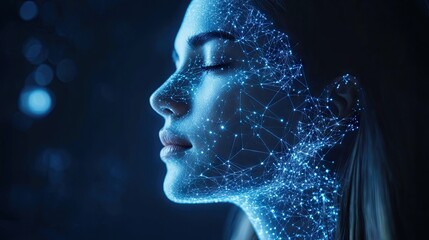 A woman's face rendered with digital connectivity.
