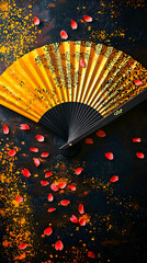 Ornate Golden Fan With Red Petals On Dark Background