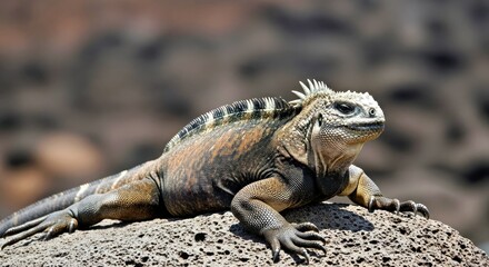 Fototapeta premium Galapagos Marine Iguana Sunbathing Volcanic Rock Endemic Species Wildlife