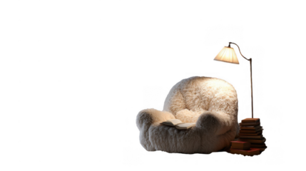Plush armchair with an open book illuminated by a gentle floor lamp, creating a cozy reading nook, perfect for relaxing with a captivating story, on a transparent background