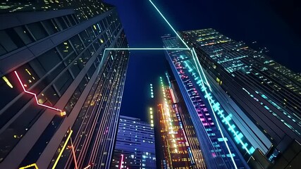 Futuristic city skyline at night showcasing vibrant neon lights and digital stock market graphs - Powered by Adobe