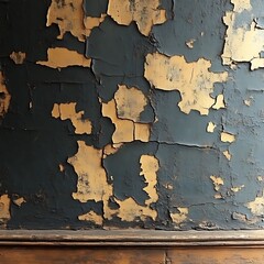Peeling dark paint reveals gold underlayer on textured wall