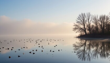 foggy morning lake scene with birds flying over the surface, soft cool warm light mix