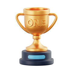 Golden Trophy Cup with ONE Text 3D Rendering on Navy Blue Base, Transparent Background