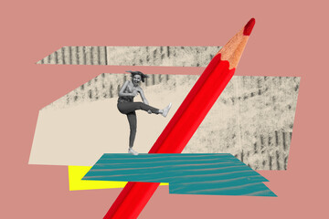 Sketch image trend artwork montage 3D photo collage of huge size pencil young lady dance smile...