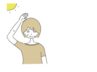 太陽が照ってる屋外で暑くて手を頭上にかざす女性のイラスト