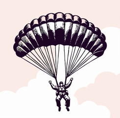 Hand-drawn illustration of a skydiver under parachute