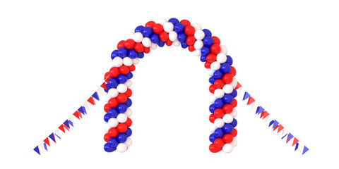 une arche de ballons et fanions aux couleurs de la France pour le 14 juillet, jour de la fête nationale