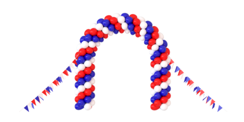 une arche de ballons et fanions aux couleurs de la France pour le 14 juillet, jour de la fête nationale