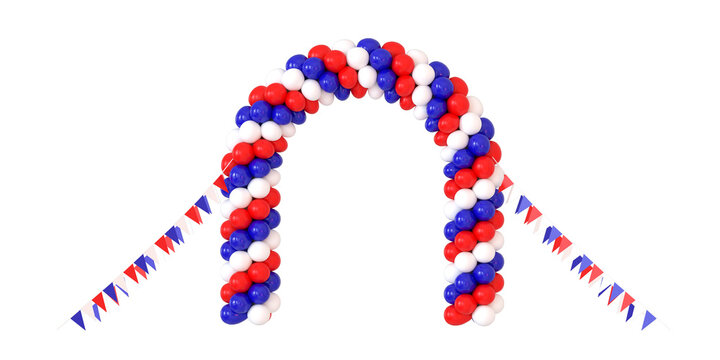 une arche de ballons et fanions aux couleurs de la France pour le 14 juillet, jour de la f&ecirc;te nationale