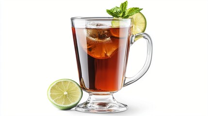 Refreshing iced tea served in a stylish glass garnished with fresh mint and lime, perfect for hot summer days or special occasions. Enjoy this delightful beverage!