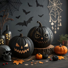 Spooky Halloween Scene: An eerie yet festive Halloween tableau, featuring carved pumpkins and thematic decor that capture the spooky season's spirit and dark ambiance.