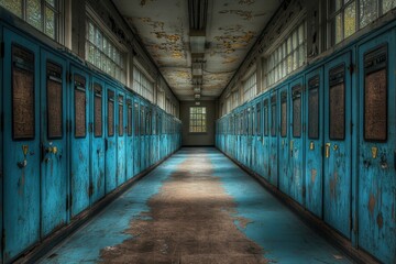 Fototapeta premium Long abandoned school hallway with weathered blue lockers on either side. Evokes nostalgia, decay, or urban exploration themes.