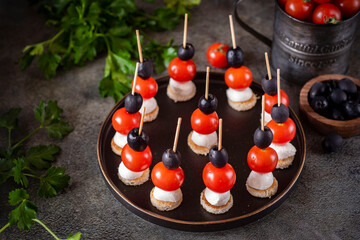Festive appetizer: canapes with mozzarella, tomatoes and cheese on a grey background. Close-up