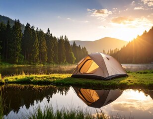 Camping tent in the forest with lake