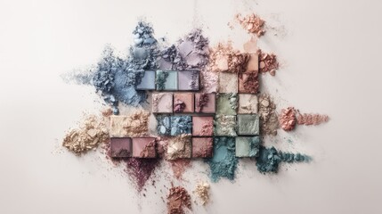A colorful display of eye shadow palettes, arranged in an aesthetically pleasing composition 