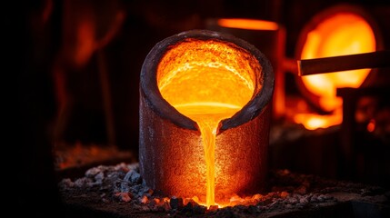 Molten gold being poured into mold to form fine gold bar at extreme temperature over 2000 degrees in metal refining process. Precious metal casting in smelting industry with glowing heat liquid flow