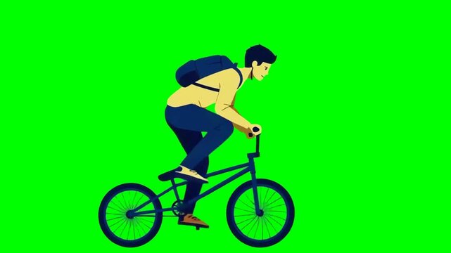 Teen boy on BMX bicycle wearing backpack, chromakey, footage, mockup, green screen, loop, cartoon style	
