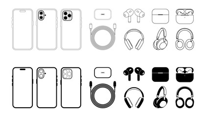 iPhone 16 and Pro Max Icons with Latest Accessories – Vector Set featuring detailed accessories like earbuds, charging cable, adapter, and headphones.