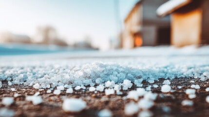 Close-up of deicing salt grains scattered on frozen sidewalk during winter season. Road maintenance and winter safety concept with granular salt used for melting snow, preventing slippery ice surfaces