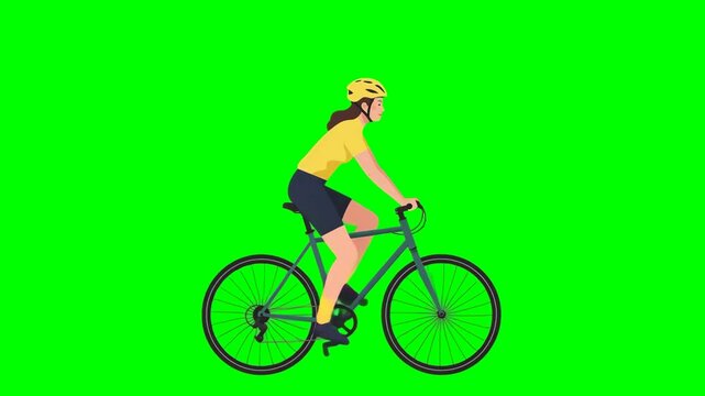 Young woman in helmet riding modern sport bicycle, chromakey, footage, mockup, green screen, loop, cartoon style	
