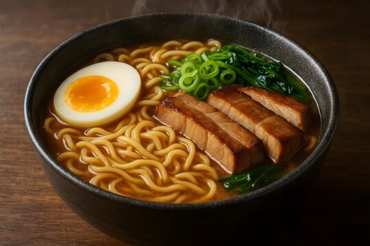 A bowl of ramen topped with a soft-boiled egg and slices of meat, garnished with green onions.