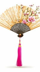 Ornate Decorative Asian Fan With Pink Tassel And Floral Design