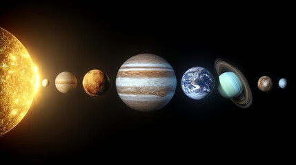 Solar system layout with Sun and planets aligned in order from Mercury to Pluto, conceptual space illustration representing astronomy, cosmic science, universe education and planetary exploration