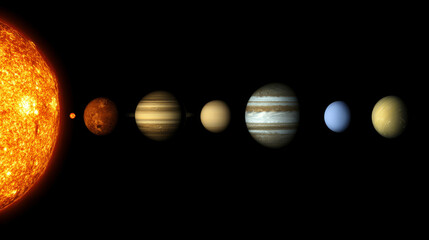 Solar system layout with Sun and planets aligned in order from Mercury to Pluto, conceptual space illustration representing astronomy, cosmic science, universe education and planetary exploration