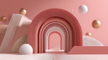 3D illustration of abstract minimal arch architecture background, geometric architectural design, featuring dynamic visual elements
