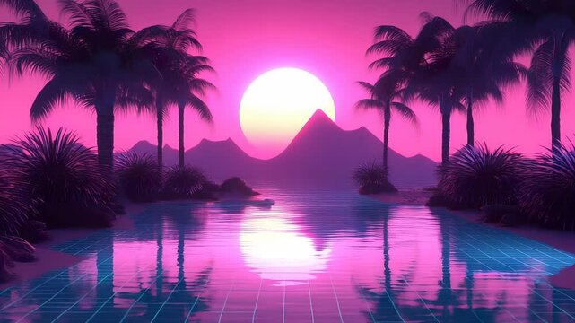 Vaporwave sunset scene with palm trees and a geometric pool reflecting a pink sky