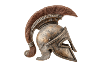 PNG Ancient greek bronze helmet with red plume on black background