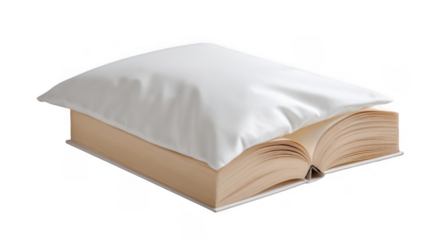 Open book rests on a soft pillow, suggesting a peaceful moment of reading or studying, with a transparent background for easy integration into various designs - Powered by Adobe