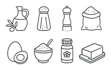 Kitchen ingredient set: linear icons of oil, salt, pepper, flour, egg, sugar, spice, butter vector icons