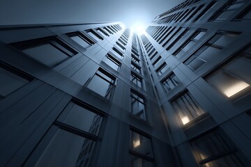 3D low-angle view of a high-rise building with sleek dark steel windows, offering a futuristic perspective of corporate office design