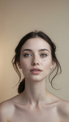 Fototapeta premium Portrait of a Freckled Woman with Blue Eyes and Brown Hair Against a Neutral Background