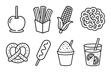 Snack food icon set. popcorn, pretzel, corn, apple, noodles, brain, lemonade vector icons.