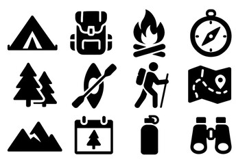 Hiking and Camping Icon Set: A comprehensive set of minimalist hiking and camping icons featuring essential outdoor gear, navigation tools, and symbols of nature exploration.