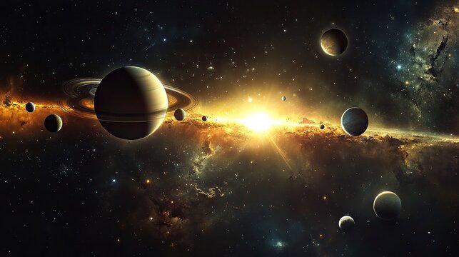 A planetary alignment of all the solar systems planets in a stunning cosmic view.