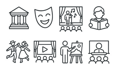 Culture and entertainment icon set. theater, dance, art, film, lecture, performance vector icons.