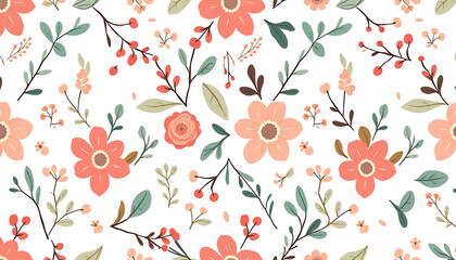 Seamless pastel floral pattern with berries and leaves