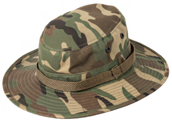 Camouflage safari hat with wide brim Isolated on a transparent background.