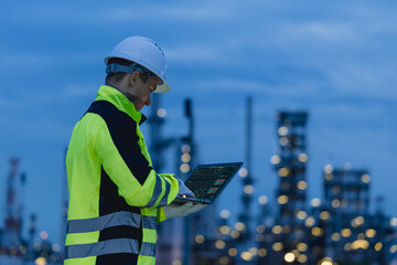 Professional Night shift engineer oil and gas refinery service, male worker hard work in petroleum industry plant dark background.