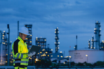 Professional Night shift engineer oil and gas refinery service, male worker hard work in petroleum industry plant dark background.