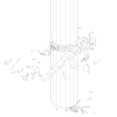 Dynamic scene where an axe is shown mid-swing, striking tree. Design use clean lines and geometric shapes to emphasize motion and impact, capturing essence of manual woodcutting in minimalist style